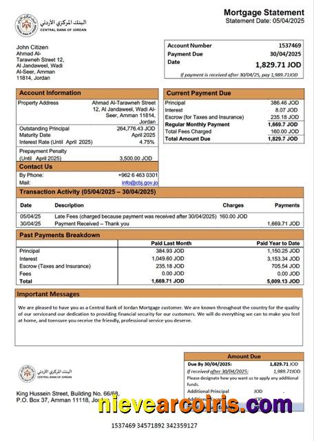 Jordan Central Bank of Jordan mortgage statement Word and PDF template
